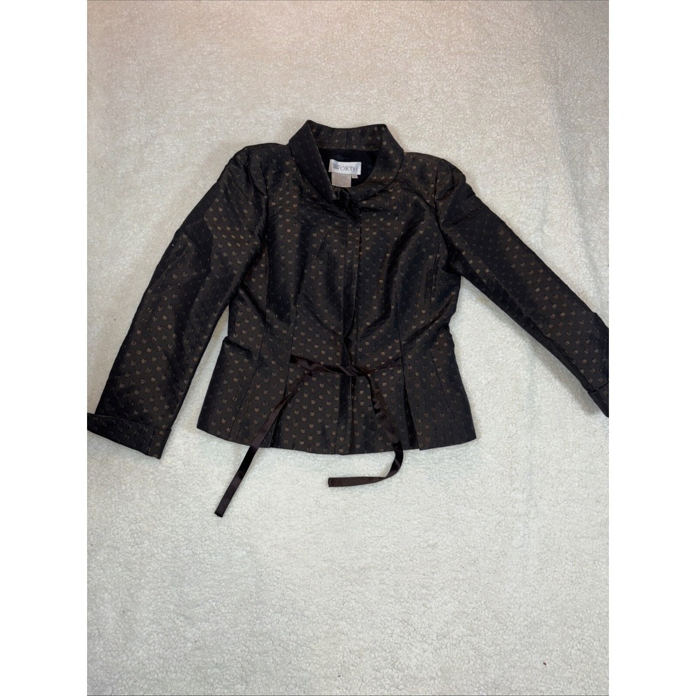 Worth Polka Dot Blazer Women‎ 6 Brown Metallic Ribbon Tie Wool Blend Jacket